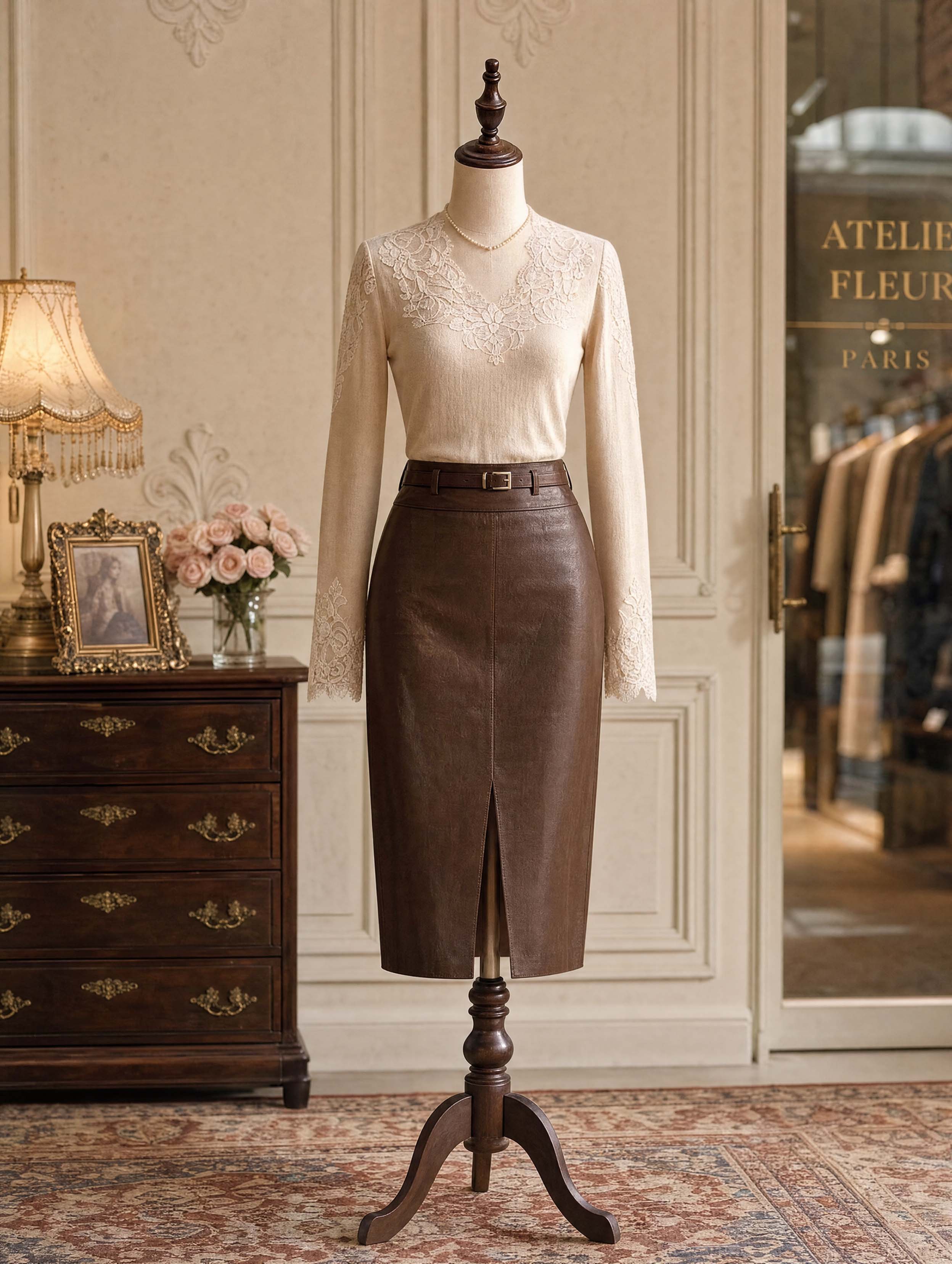 Vintage Lace V‑Neck Long Sleeve Knit Top