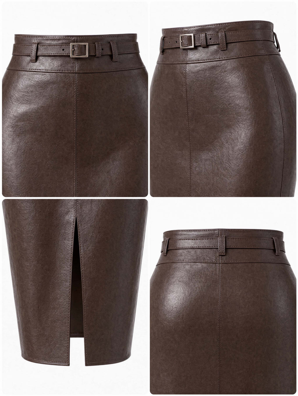 Vintage Belted Split Front PU Midi Skirt