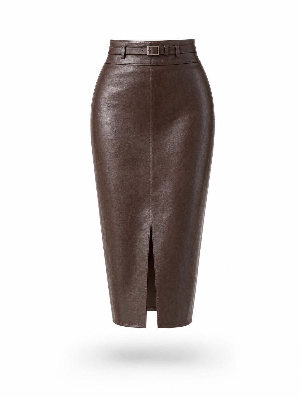 Vintage Belted Split Front PU Midi Skirt