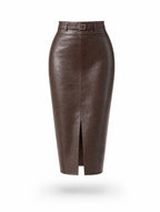 Vintage Belted Split Front PU Midi Skirt