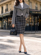 Vintage Grey Plaid High Waist Midi Pencil Skirt