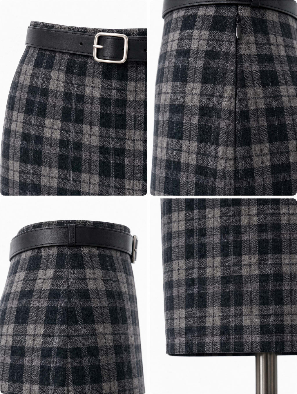Vintage Grey Plaid High Waist Midi Pencil Skirt