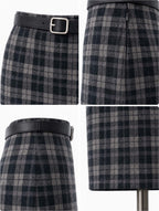 Vintage Grey Plaid High Waist Midi Pencil Skirt