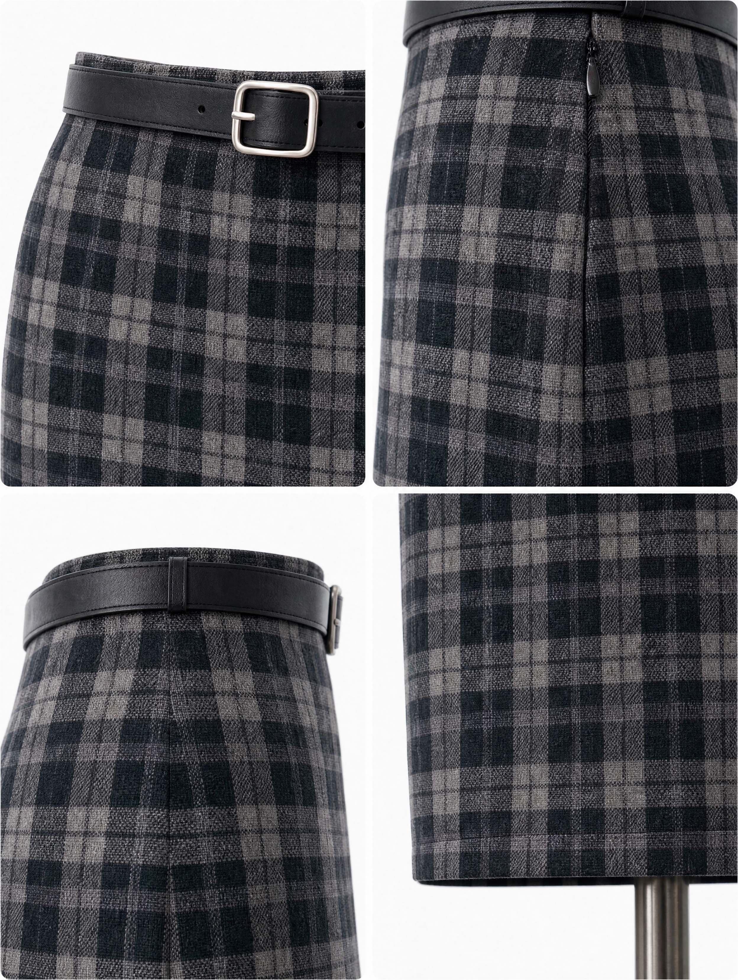 Vintage Grey Plaid High Waist Midi Pencil Skirt