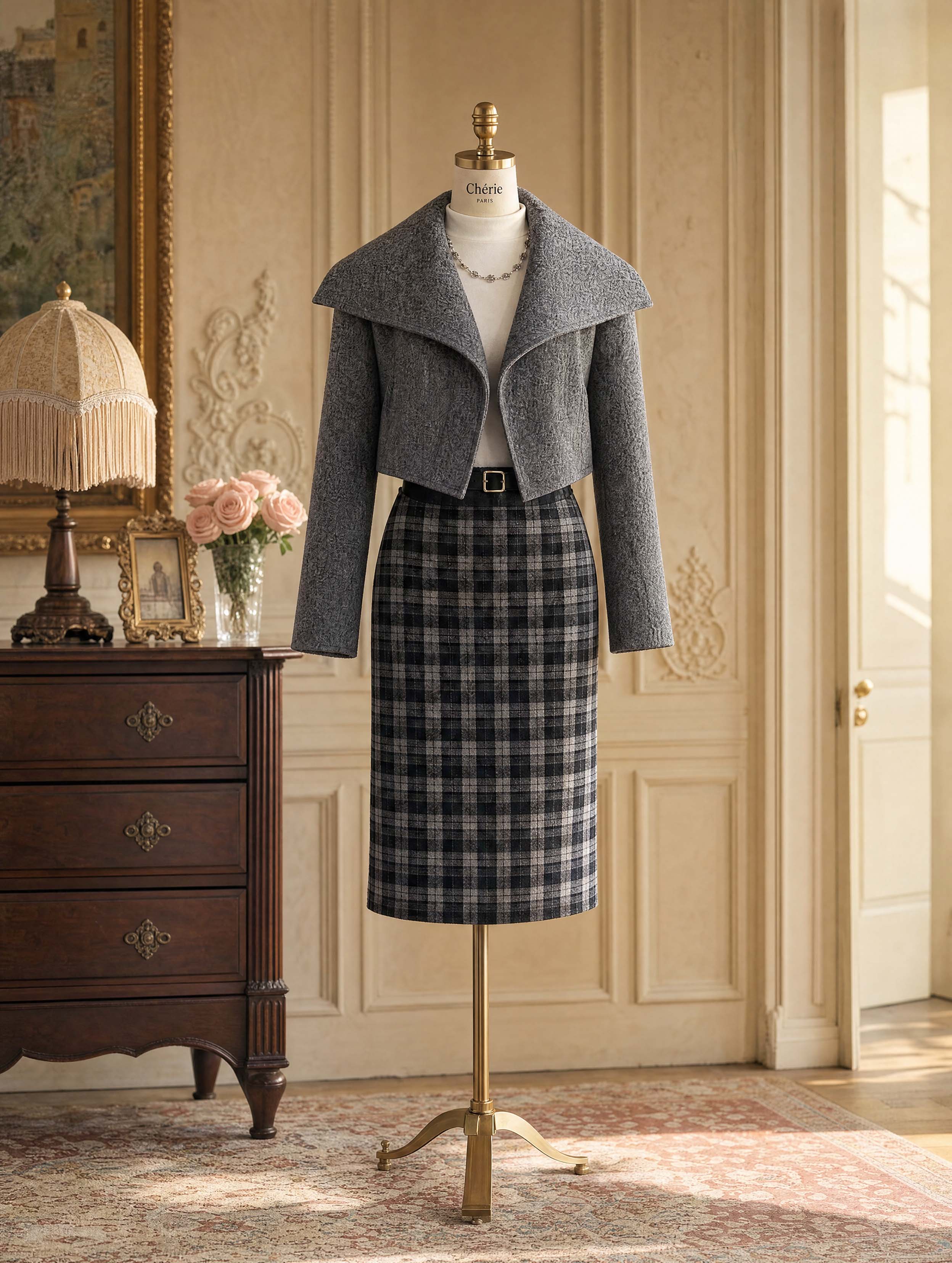 Vintage Grey Plaid High Waist Midi Pencil Skirt