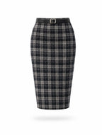 Vintage Grey Plaid High Waist Midi Pencil Skirt