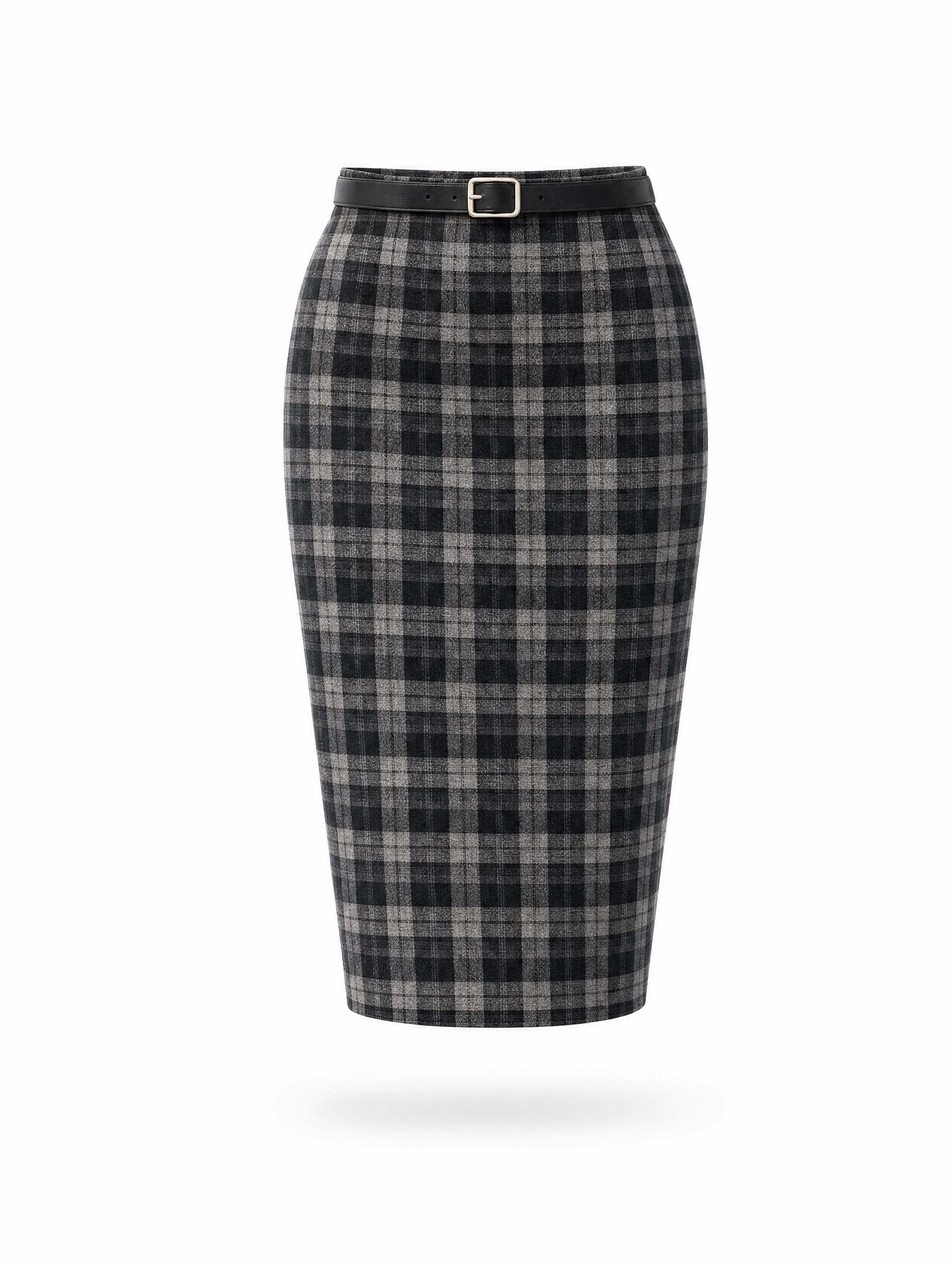 Vintage Grey Plaid High Waist Midi Pencil Skirt