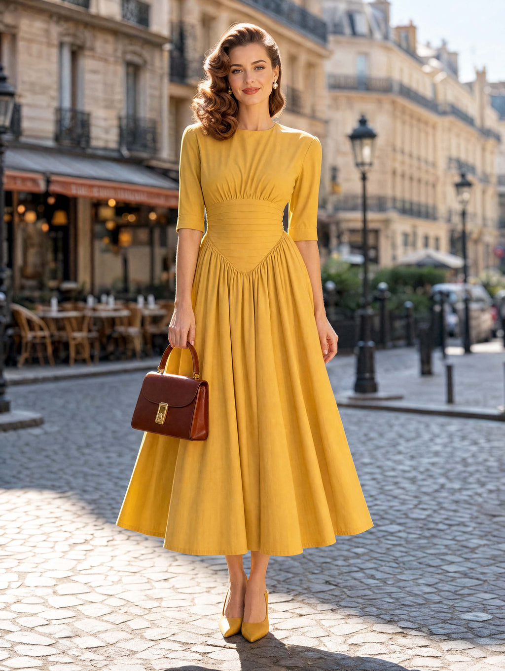 Vintage Pleated Waist Flowy Midi Dress