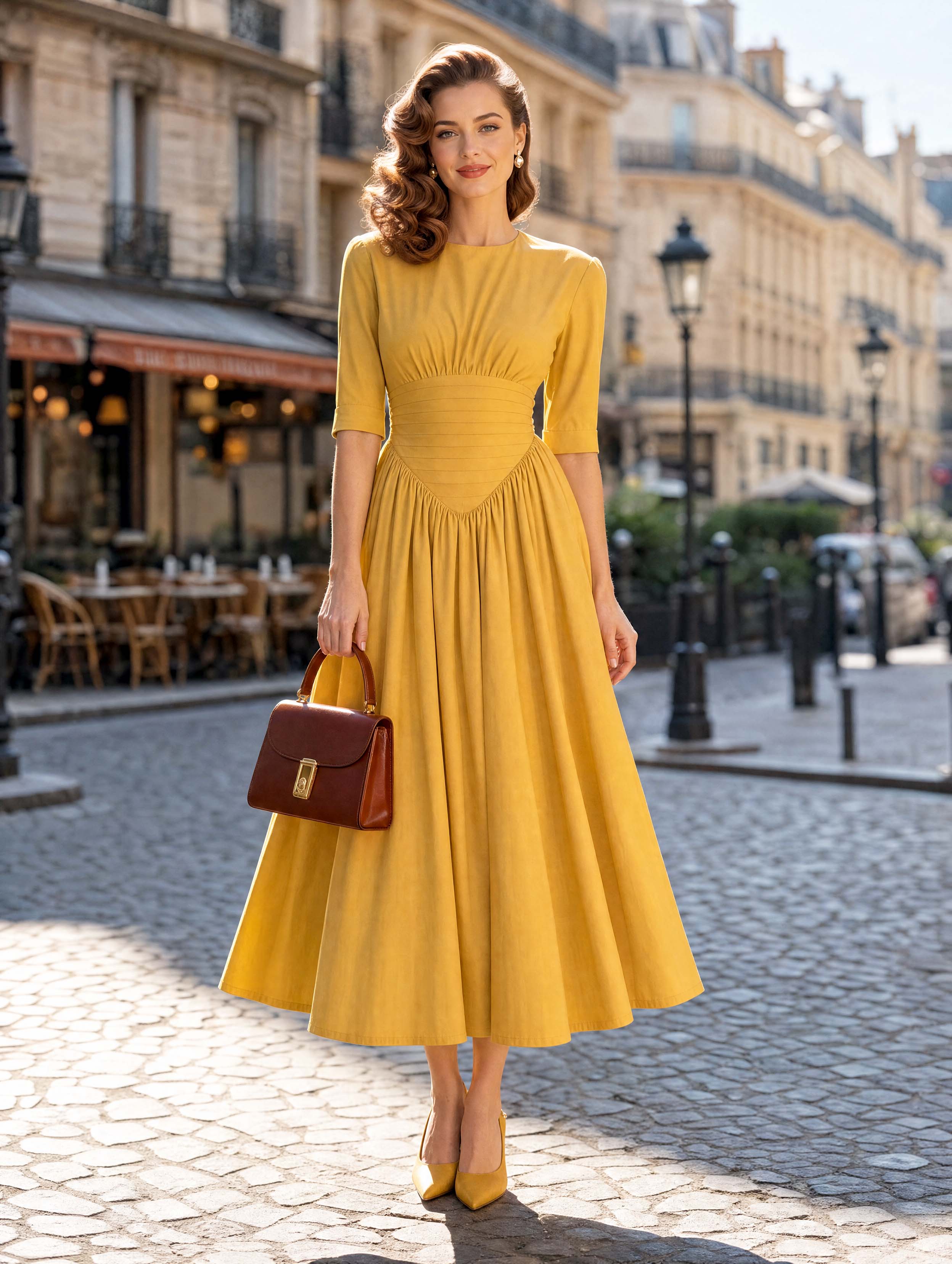 Vintage Pleated Waist Flowy Midi Dress