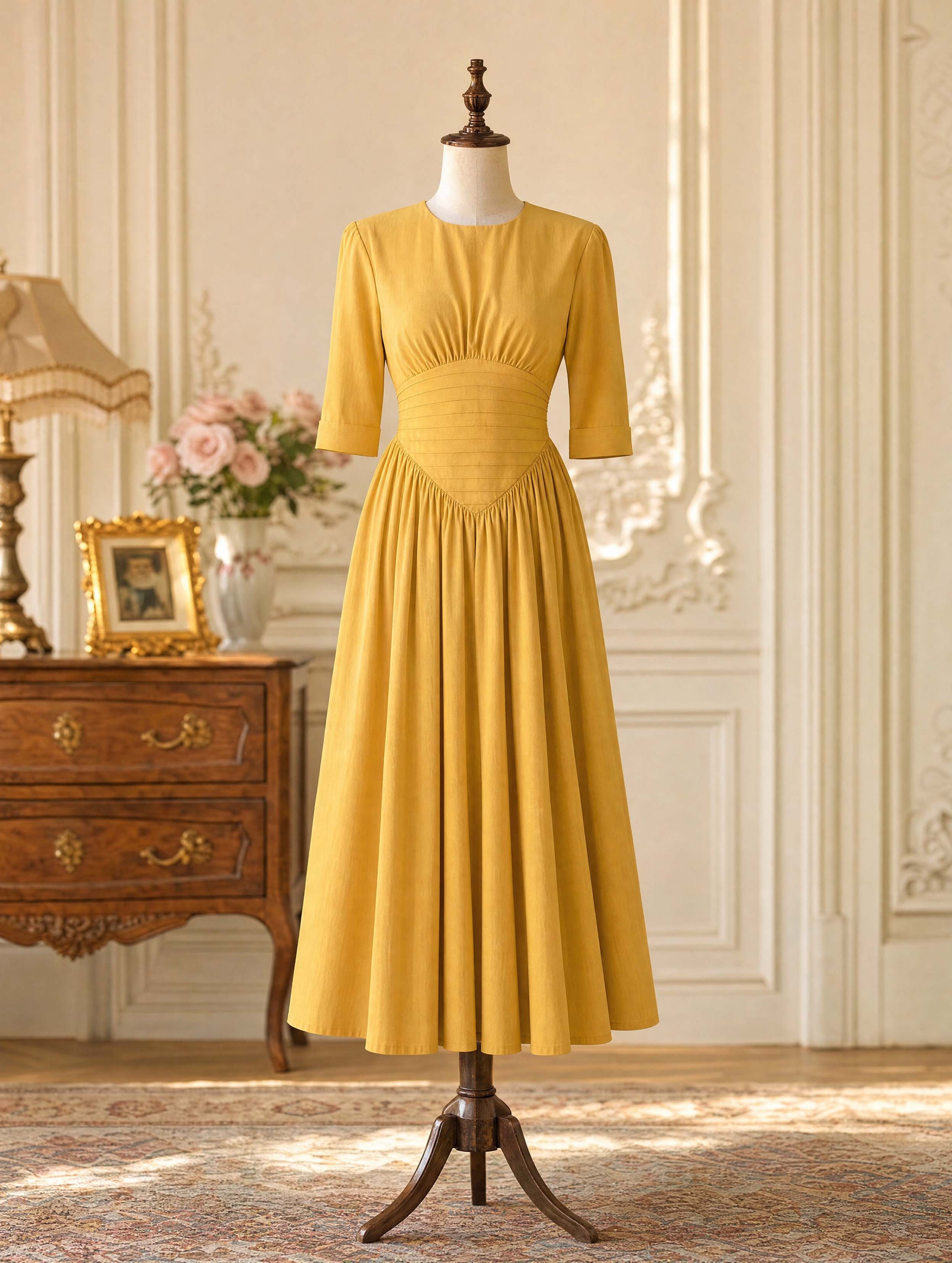Vintage Pleated Waist Flowy Midi Dress