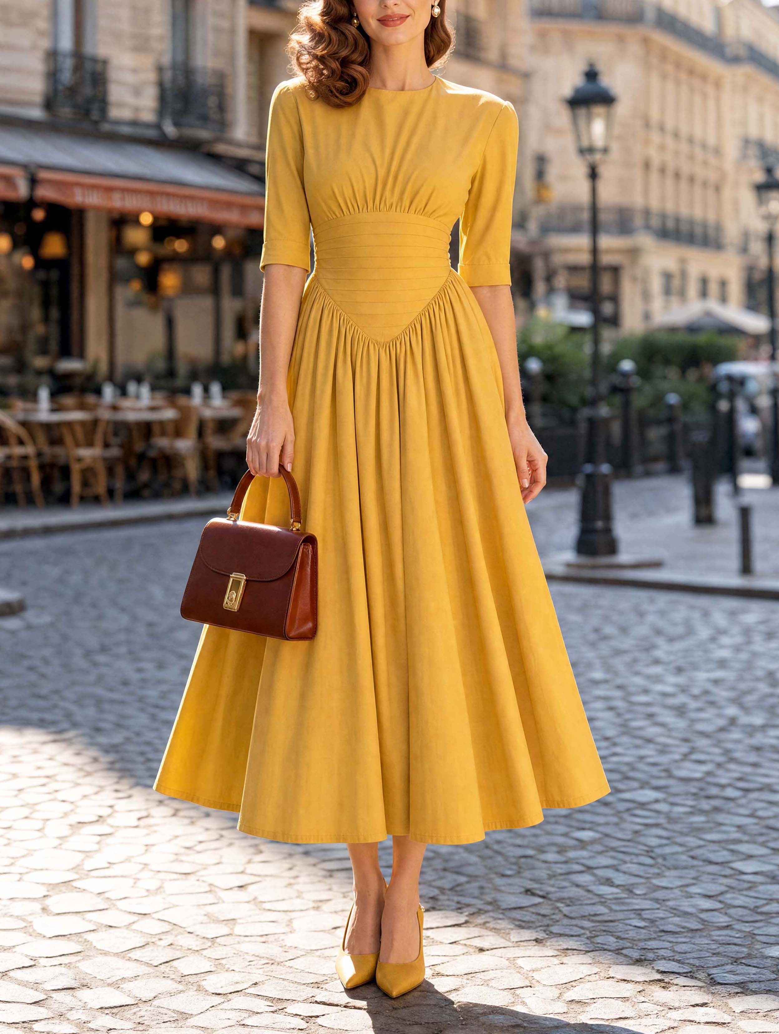 Vintage Pleated Waist Flowy Midi Dress