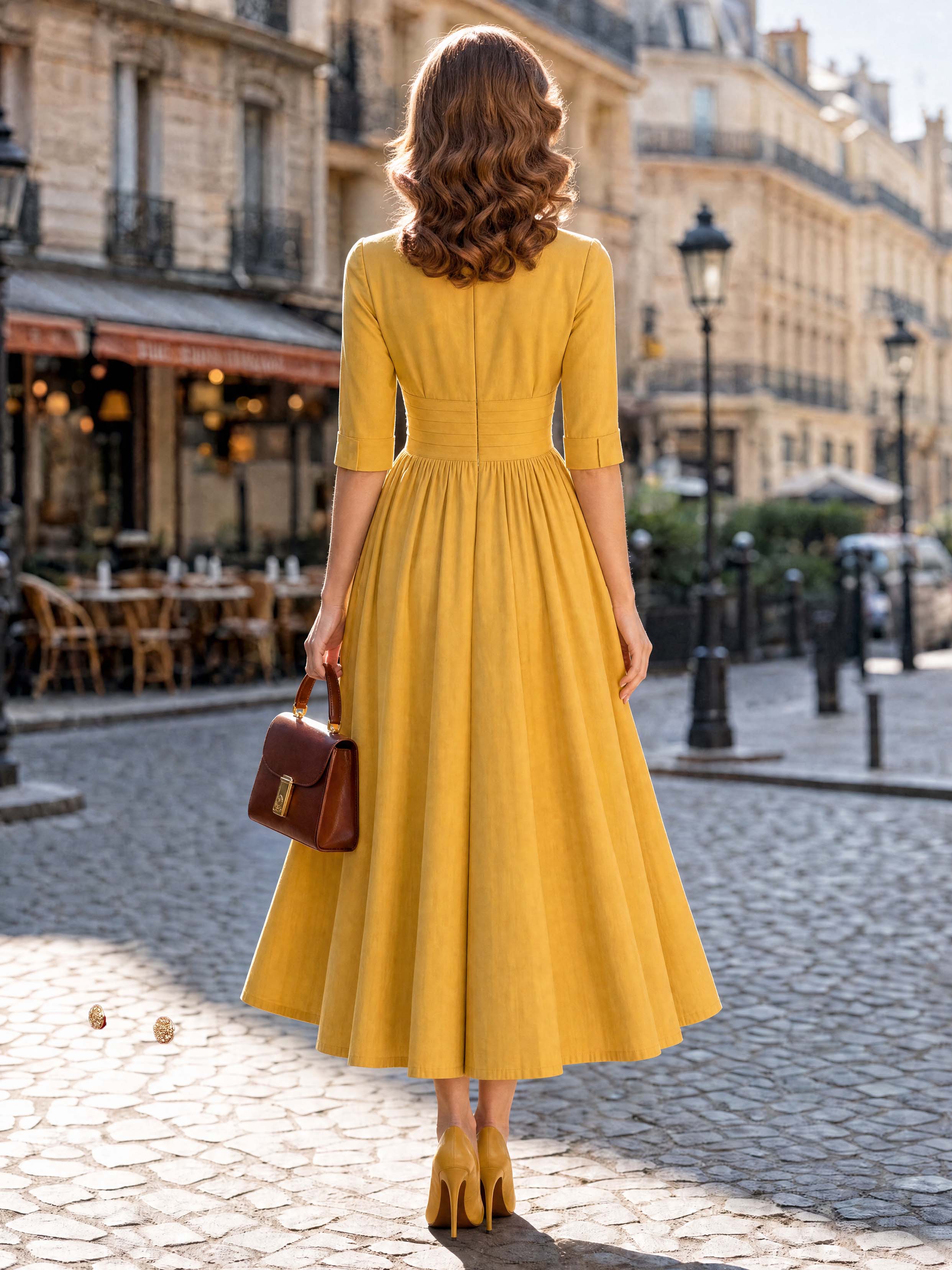 Vintage Pleated Waist Flowy Midi Dress