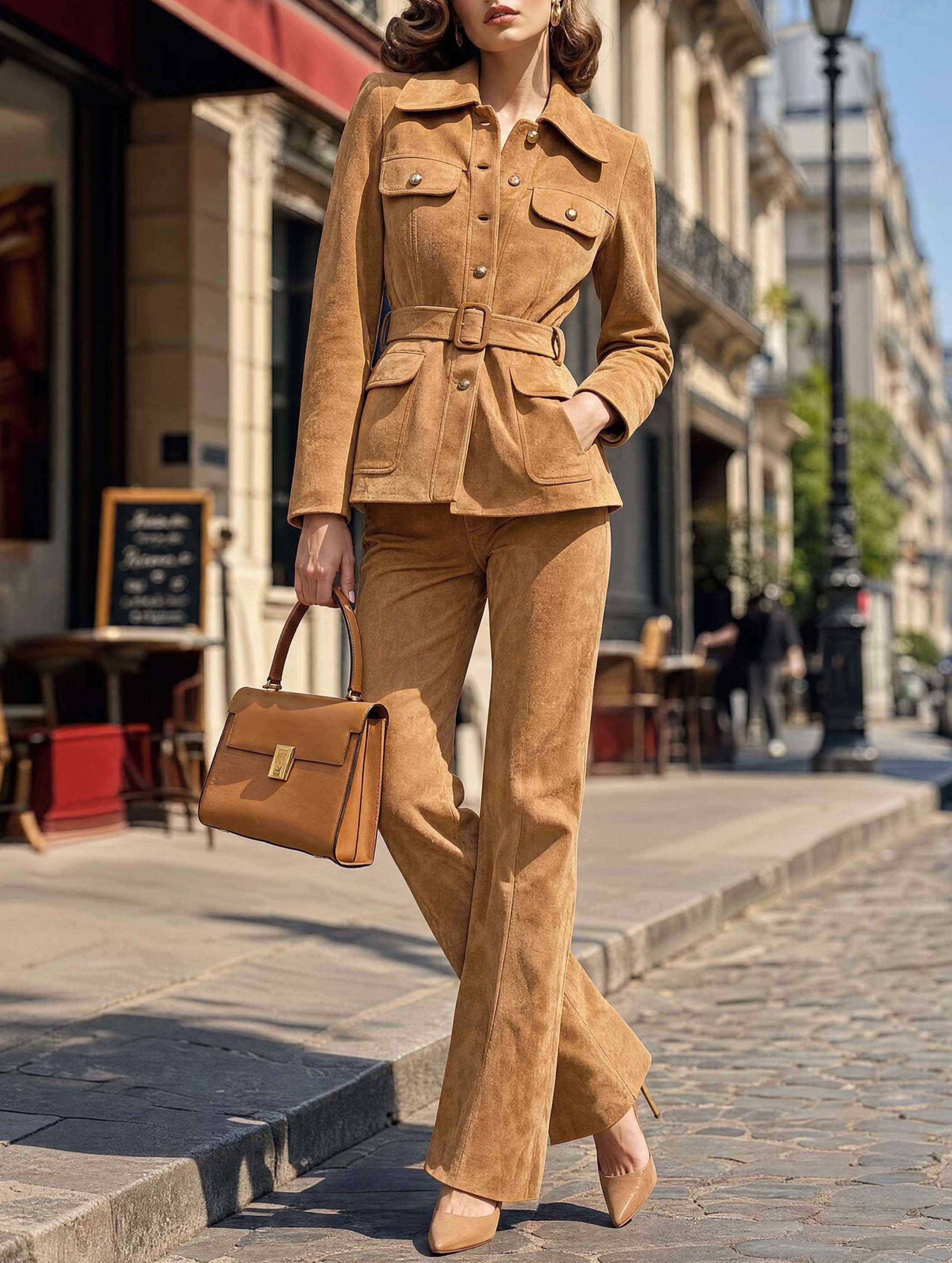 Vintage Suede High‑Waist Flare Pants