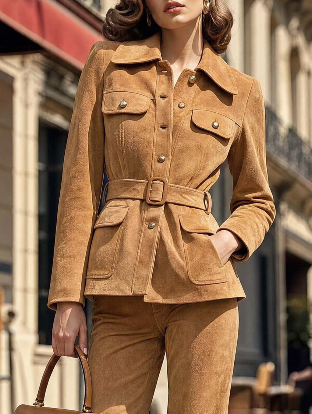 Vintage Belted Suede‑Look Pocket Jacket