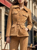 Vintage Belted Suede‑Look Pocket Jacket