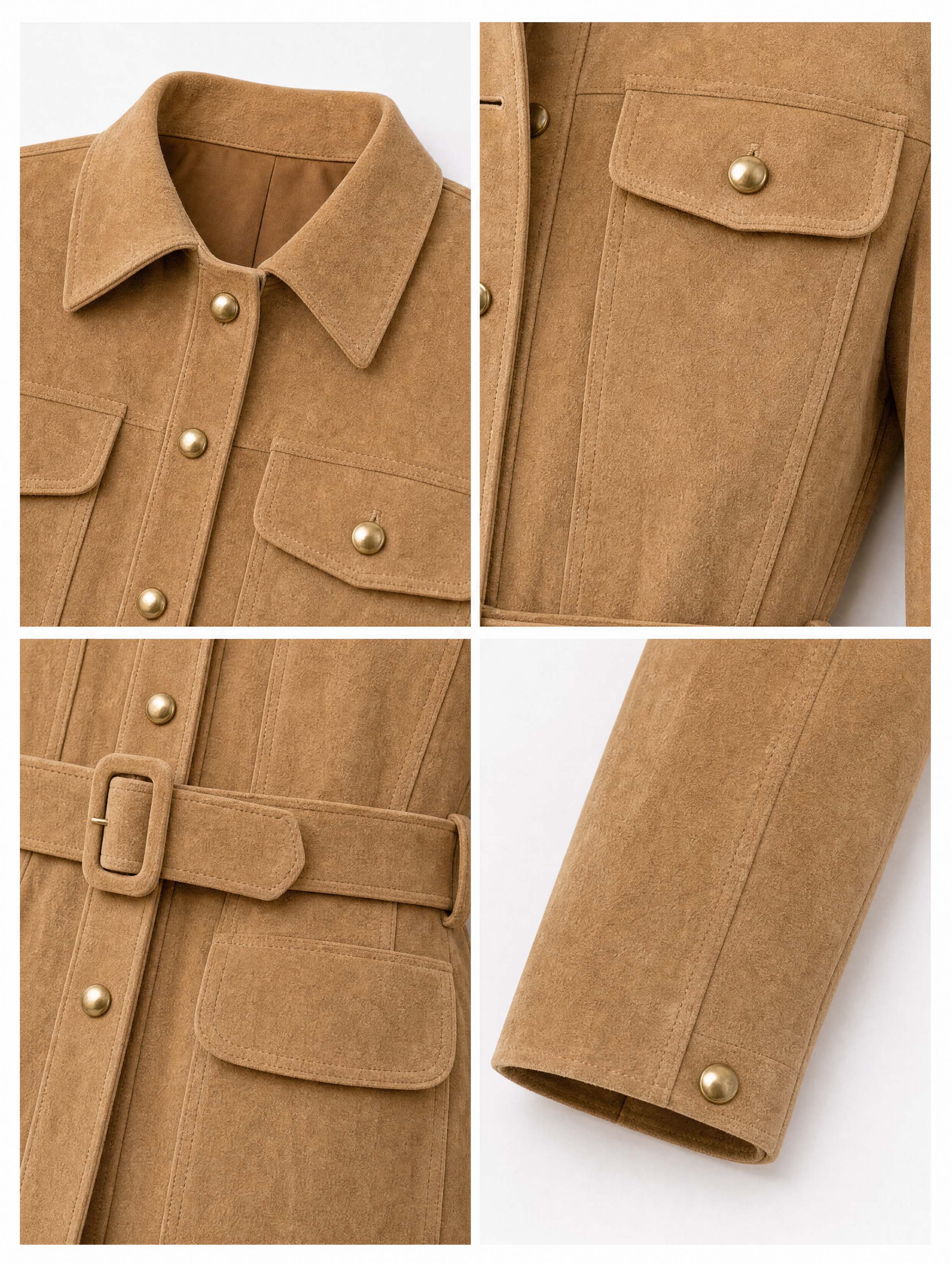 Vintage Belted Suede‑Look Pocket Jacket