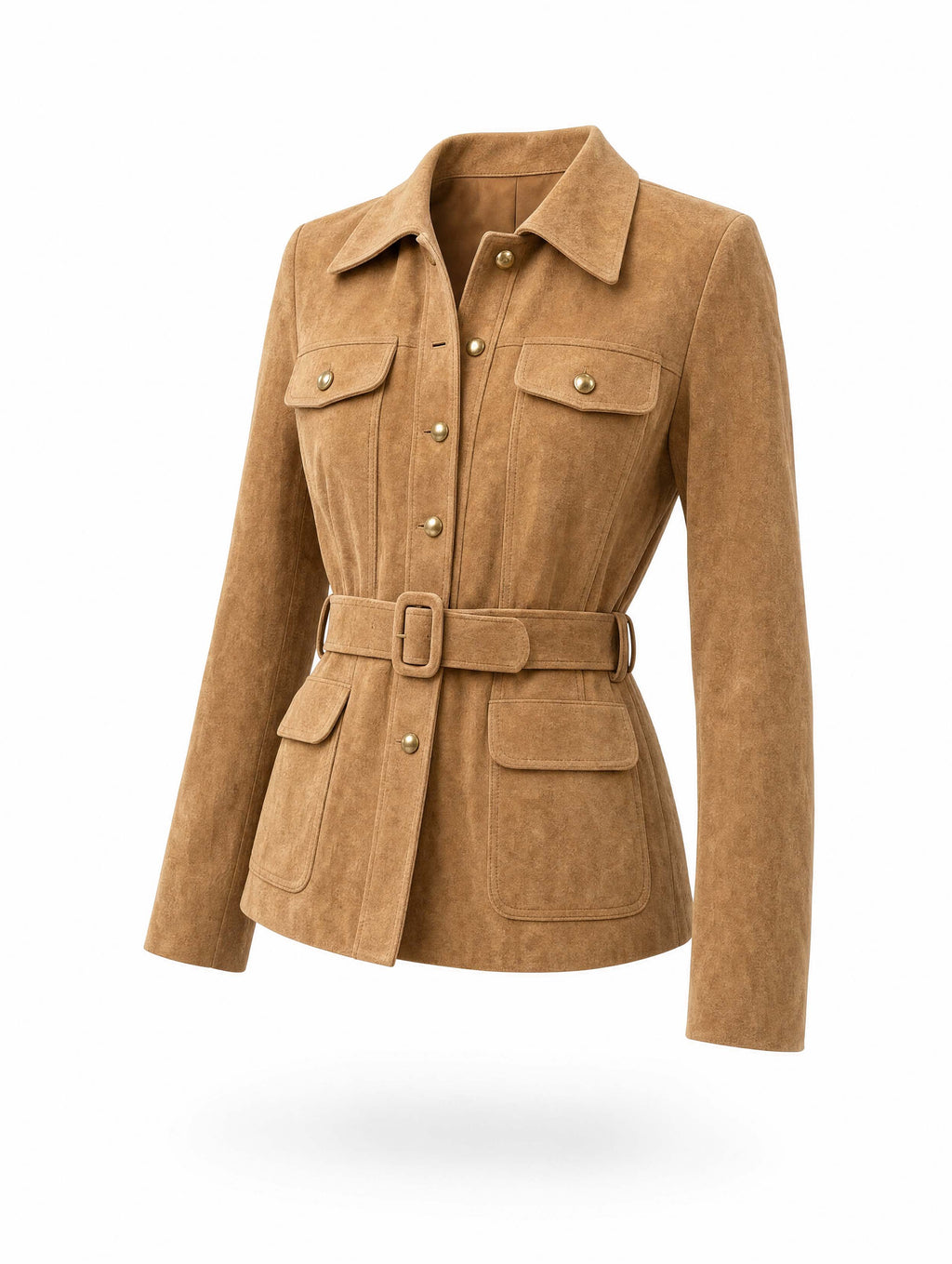 Vintage Belted Suede‑Look Pocket Jacket