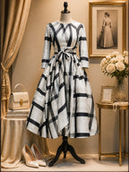 Vintage Black White Plaid Belted A-Line Midi Dress