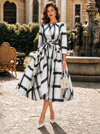 Vintage Black White Plaid Belted A-Line Midi Dress