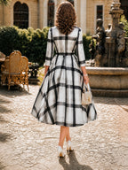 Vintage Black White Plaid Belted A-Line Midi Dress