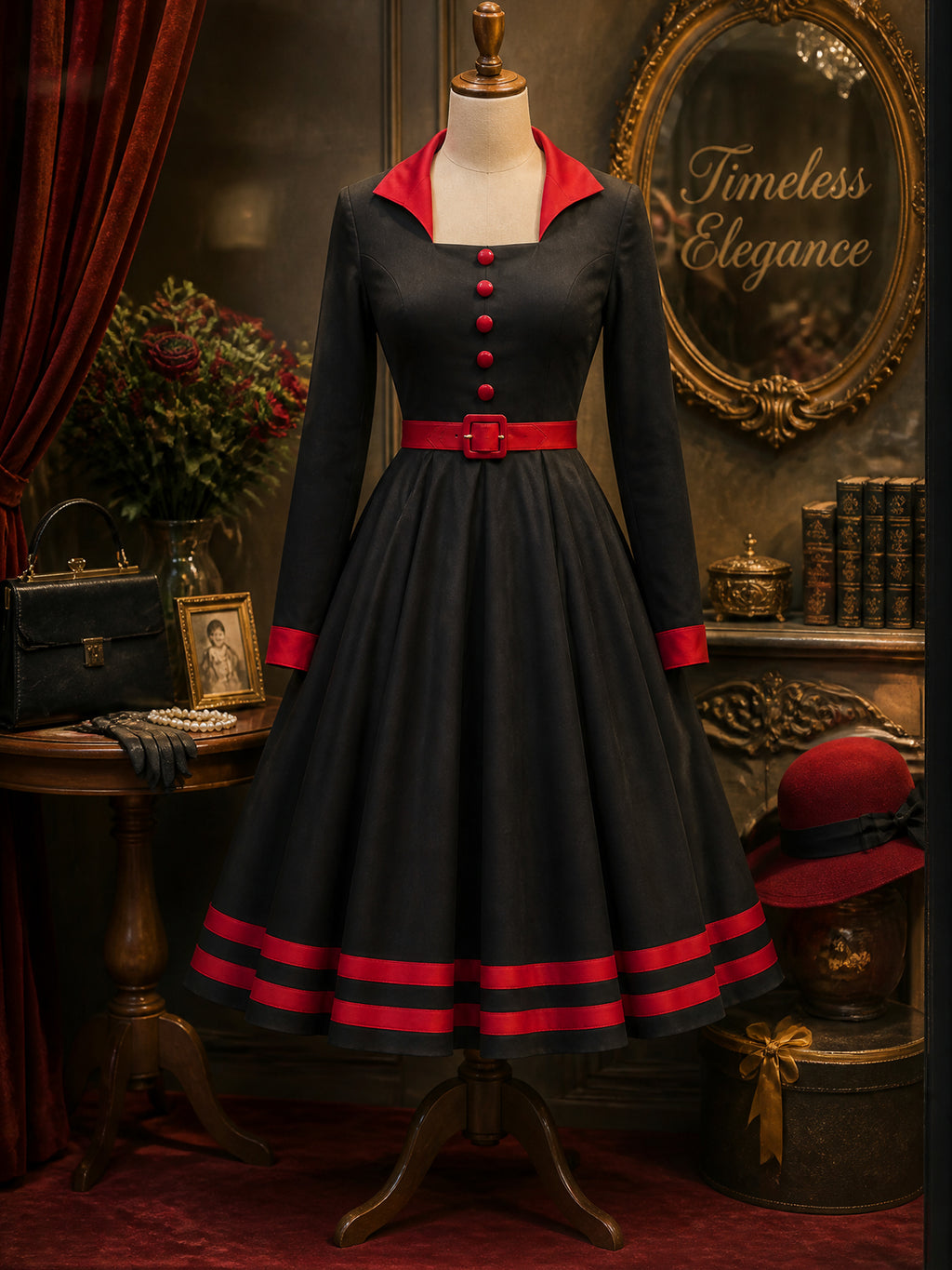 Vintage Black Red-Trim Long Sleeve A-Line Dress