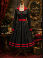 Vintage Black Red-Trim Long Sleeve A-Line Dress