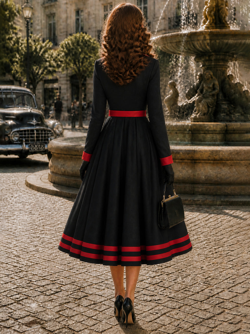 Vintage Black Red-Trim Long Sleeve A-Line Dress