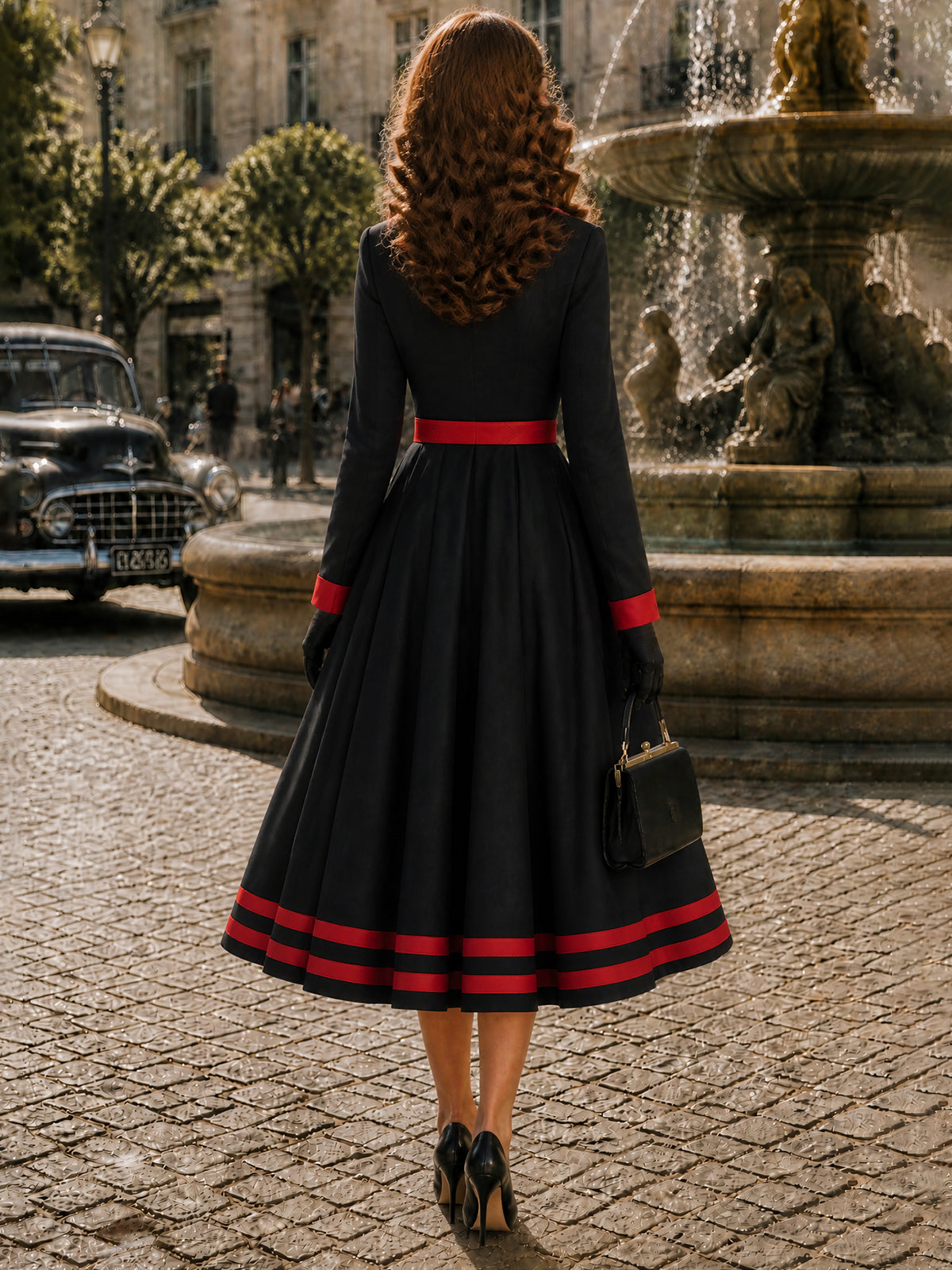 Vintage Black Red-Trim Long Sleeve A-Line Dress
