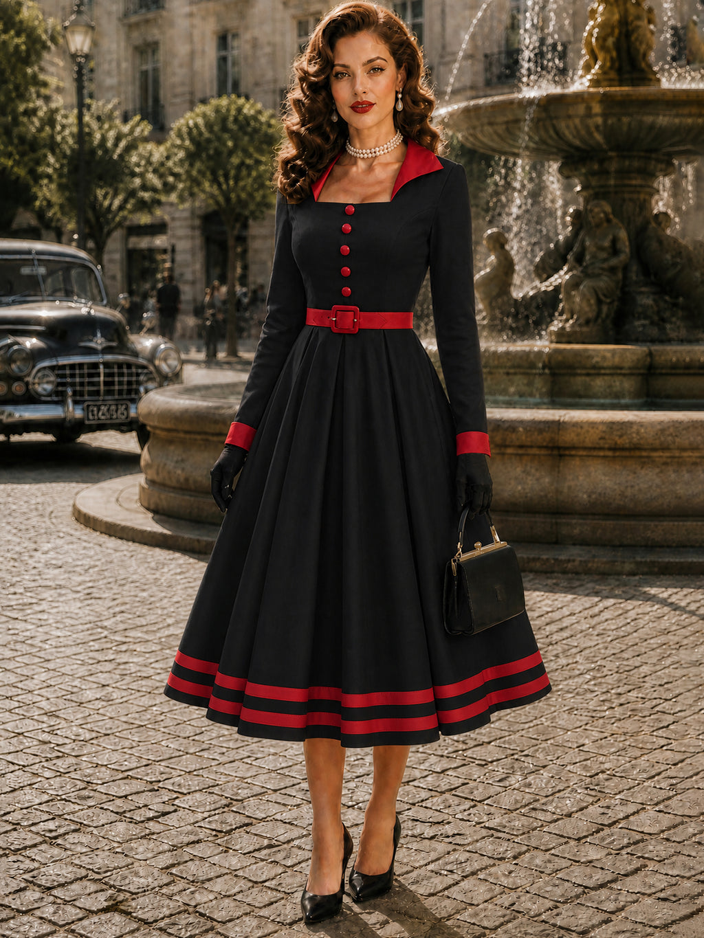 Vintage Black Red-Trim Long Sleeve A-Line Dress
