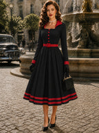 Vintage Black Red-Trim Long Sleeve A-Line Dress