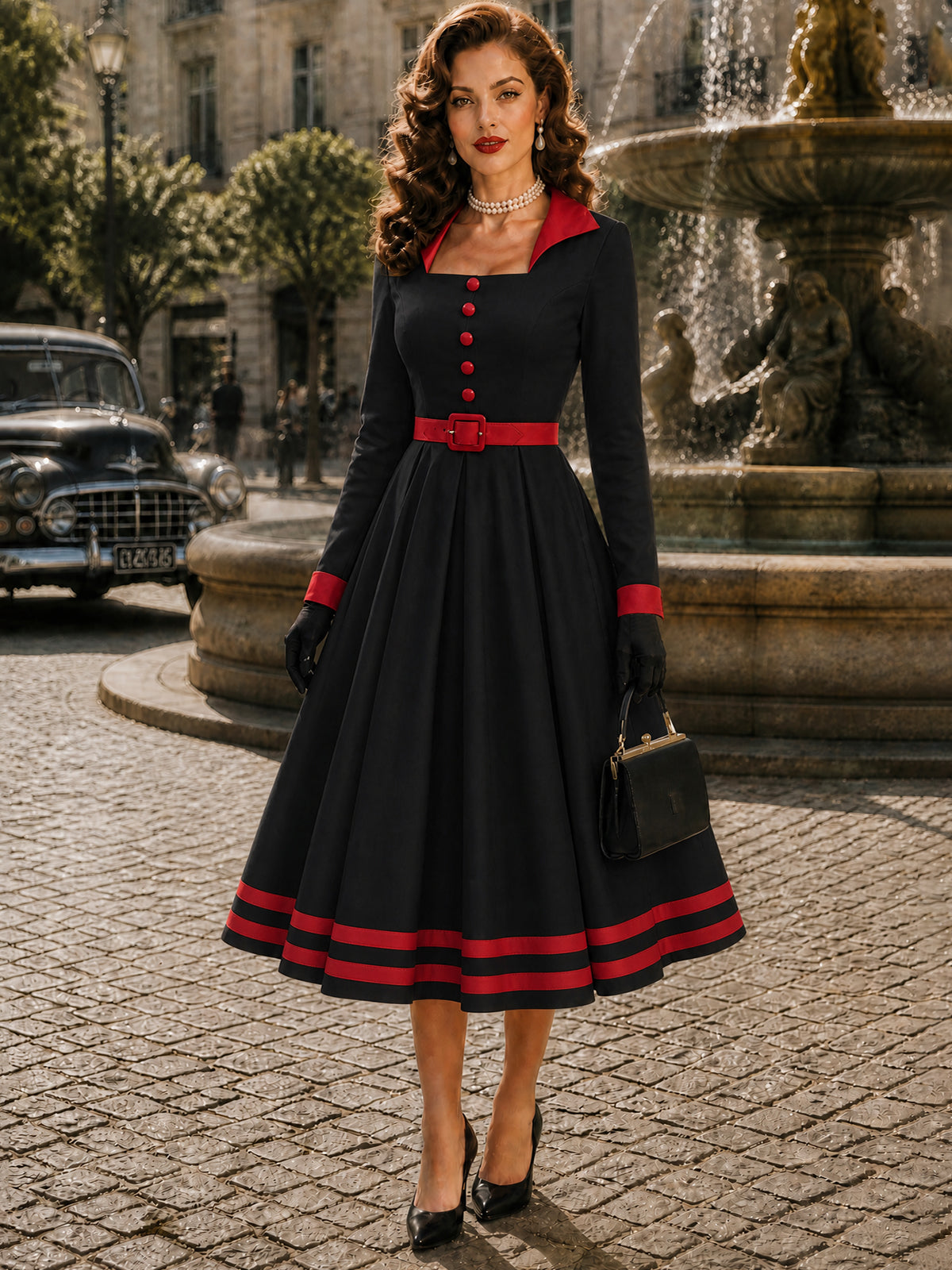 Vintage Black Red-Trim Long Sleeve A-Line Dress