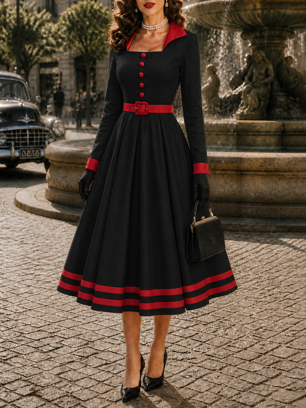 Vintage Black Red-Trim Long Sleeve A-Line Dress
