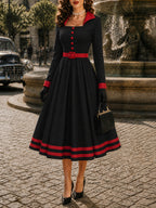 Vintage Black Red-Trim Long Sleeve A-Line Dress