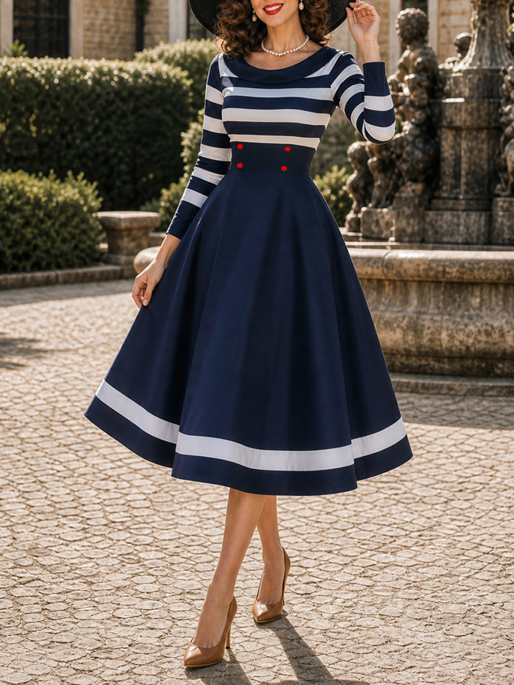 Vintage Navy Striped Boat-Neck A-Line Midi Dress