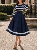 Vintage Navy Striped Boat-Neck A-Line Midi Dress