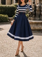 Vintage Navy Striped Boat-Neck A-Line Midi Dress