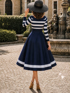 Vintage Navy Striped Boat-Neck A-Line Midi Dress