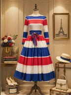 Vintage Red White Blue Striped Bow-Belt A-Line Dress