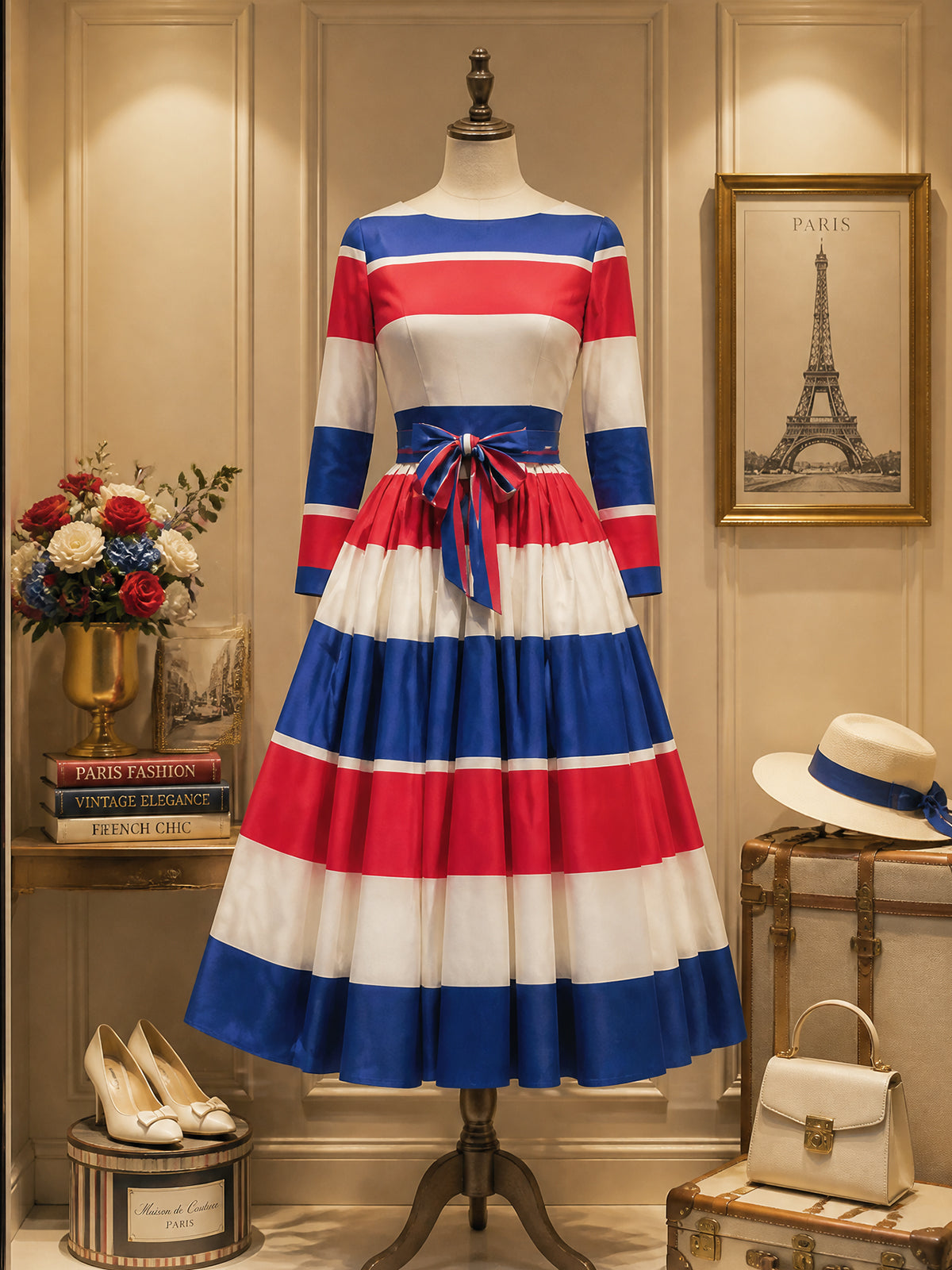 Vintage Red White Blue Striped Bow-Belt A-Line Dress