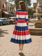 Vintage Red White Blue Striped Bow-Belt A-Line Dress