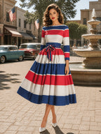 Vintage Red White Blue Striped Bow-Belt A-Line Dress