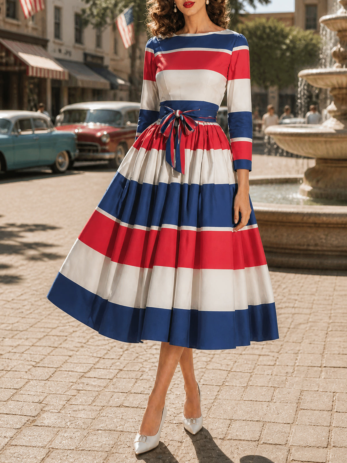 Vintage Red White Blue Striped Bow-Belt A-Line Dress