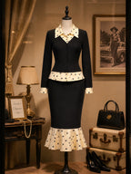 Vintage Black Polka-Dot Trim Knit Top & Skirt Set