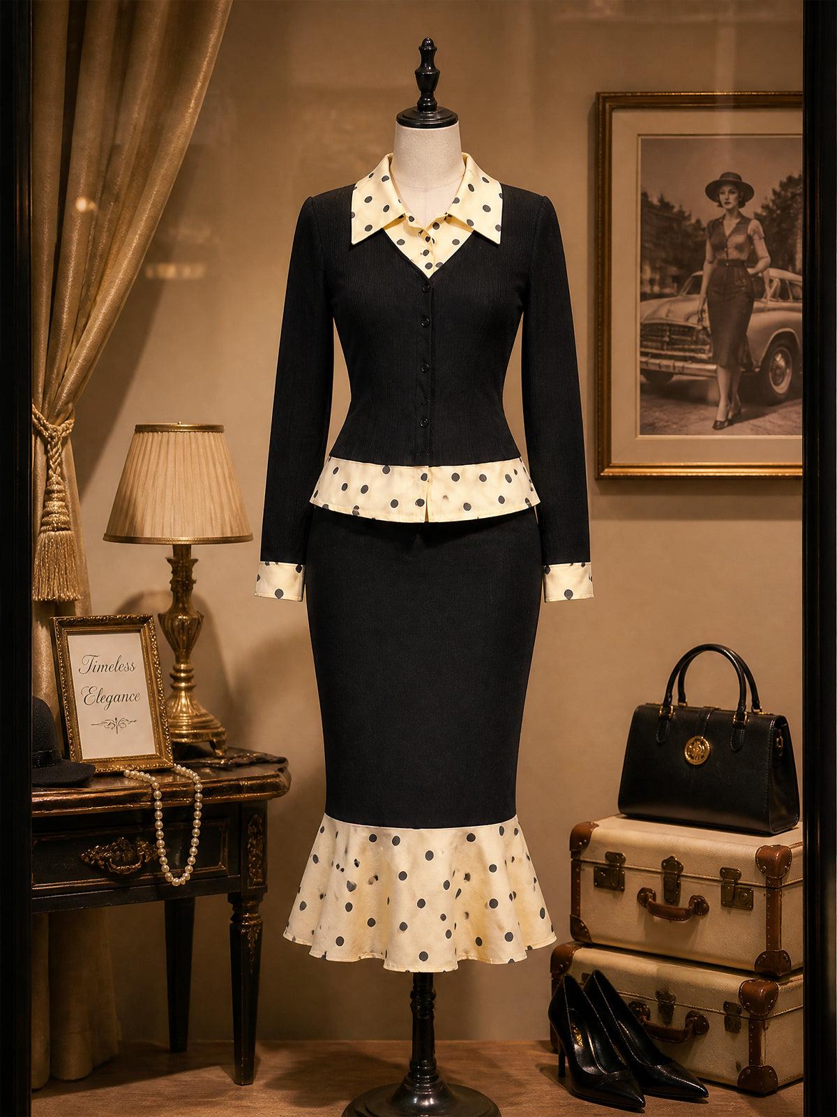 Vintage Black Polka-Dot Trim Knit Top & Skirt Set