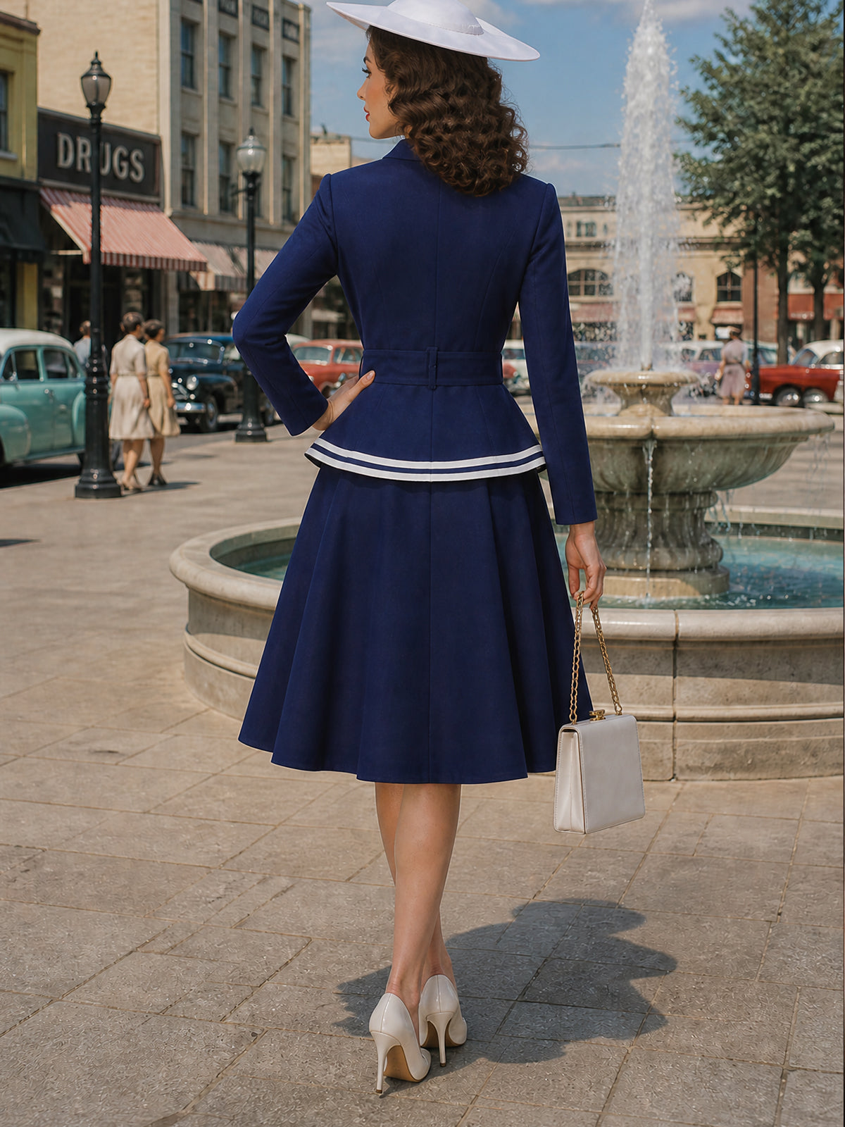 Vintage Navy White-Trim Peplum Long Sleeve A-Line Dress