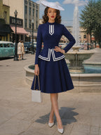 Vintage Navy White-Trim Peplum Long Sleeve A-Line Dress