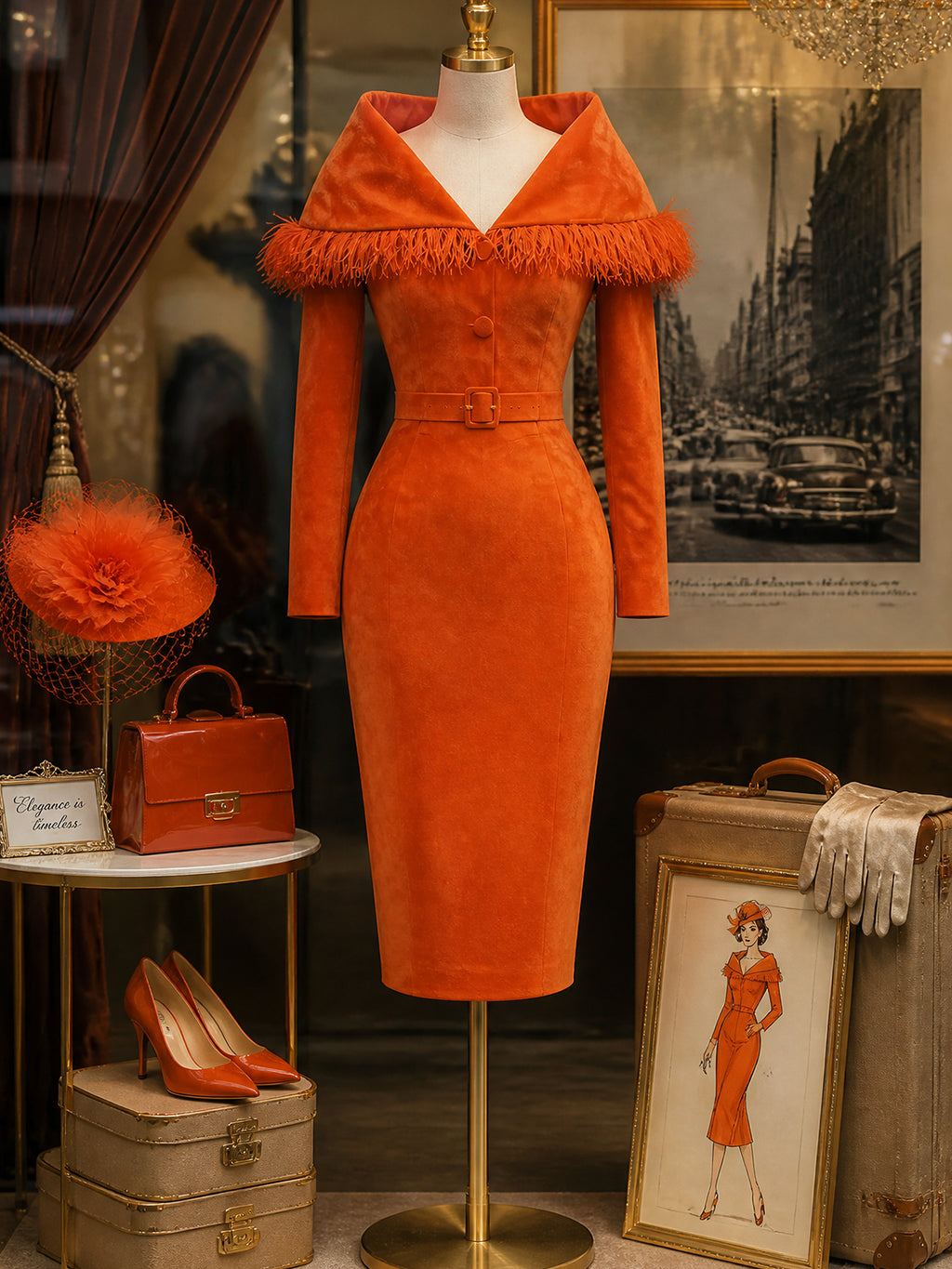 Vintage Orange Faux Suede Bodycon Midi Dress