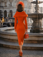 Vintage Orange Faux Suede Bodycon Midi Dress