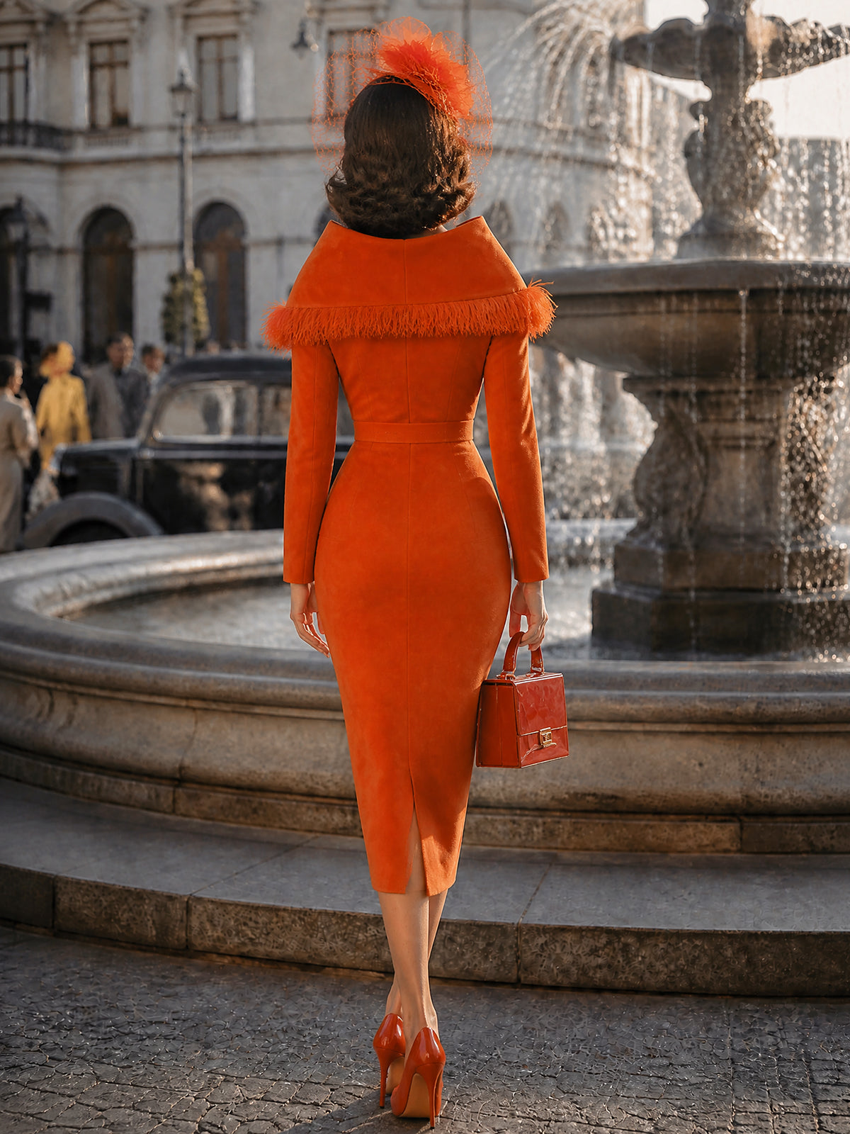 Vintage Orange Faux Suede Bodycon Midi Dress