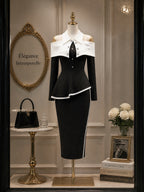 Vintage Black White Cold-Shoulder Peplum Top Skirt Knit Set
